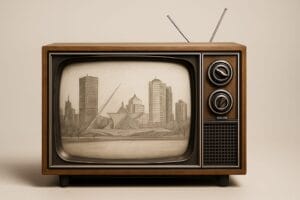 Generated image of a vintage television set showing a pencil sketch of the Milwaukee, WI skyline on screen