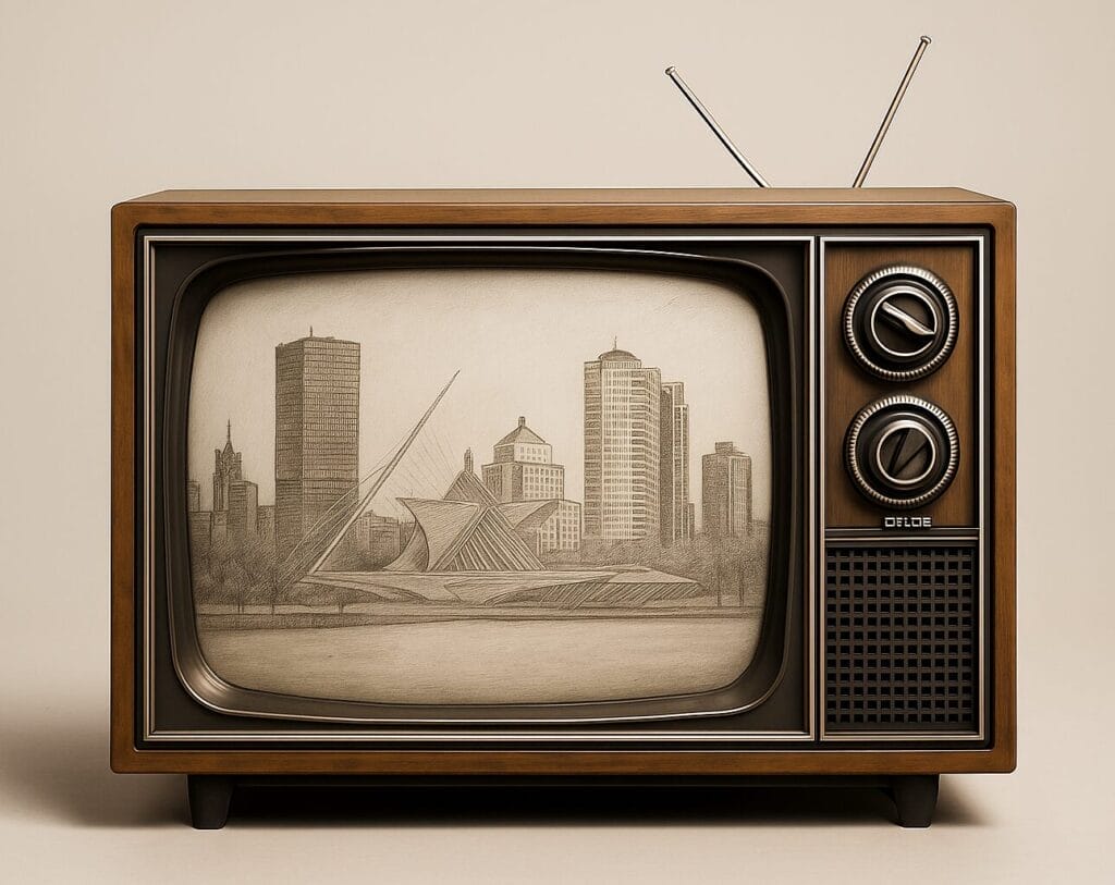 Generated image of a vintage television set showing a pencil sketch of the Milwaukee, WI skyline on screen