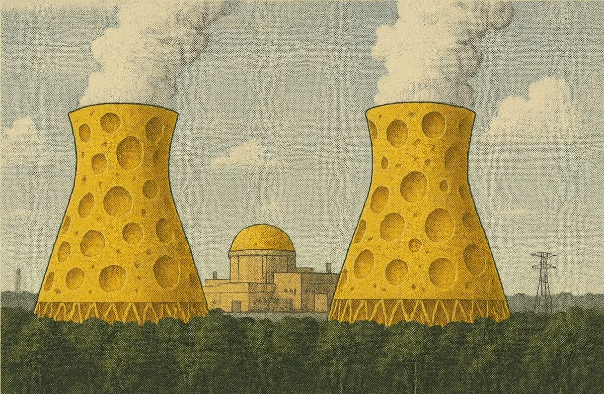 Generated image of a nuclear power plant with stacks made of Wisconsin cheese