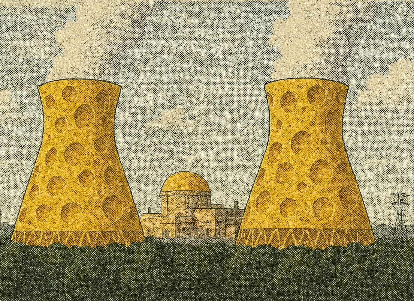 Generated image of a nuclear power plant with stacks made of Wisconsin cheese