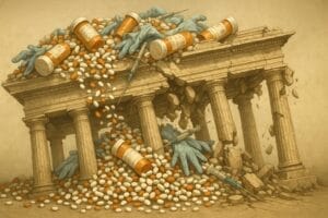 Generated image of an edifice supported by doric columns crumbling beneath the weight of medical pills, pill bottles, used medical gloves, and syringes