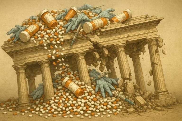 Generated image of an edifice supported by doric columns crumbling beneath the weight of medical pills, pill bottles, used medical gloves, and syringes