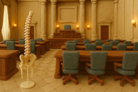 Generated image of a claymation human spine positioned in the halls of a state legislature