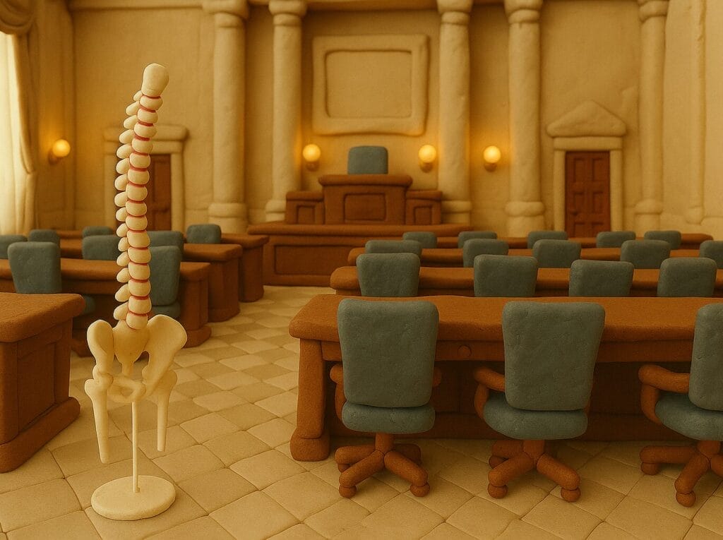 Generated image of a claymation human spine positioned in the halls of a state legislature