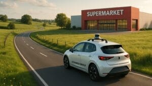 Generated image of an autonomous vehicle on a winding, rural road en route to a super market