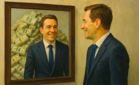 Generated image of a man in a suit standing in front of a pile of money looking into a mirror and grinning.