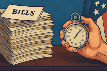 Generated image of a hand operating a stopwatch next to a pile of legislative bills