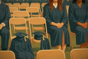 Generated image of college students at a graduation ceremony, with many empty folding chairs and some supporting unworn caps and gowns