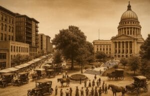 Image of Wisconsin’s state Capitol building in Madison modify to appear antiquated with Model-T automobiles and horse-drawn carriages