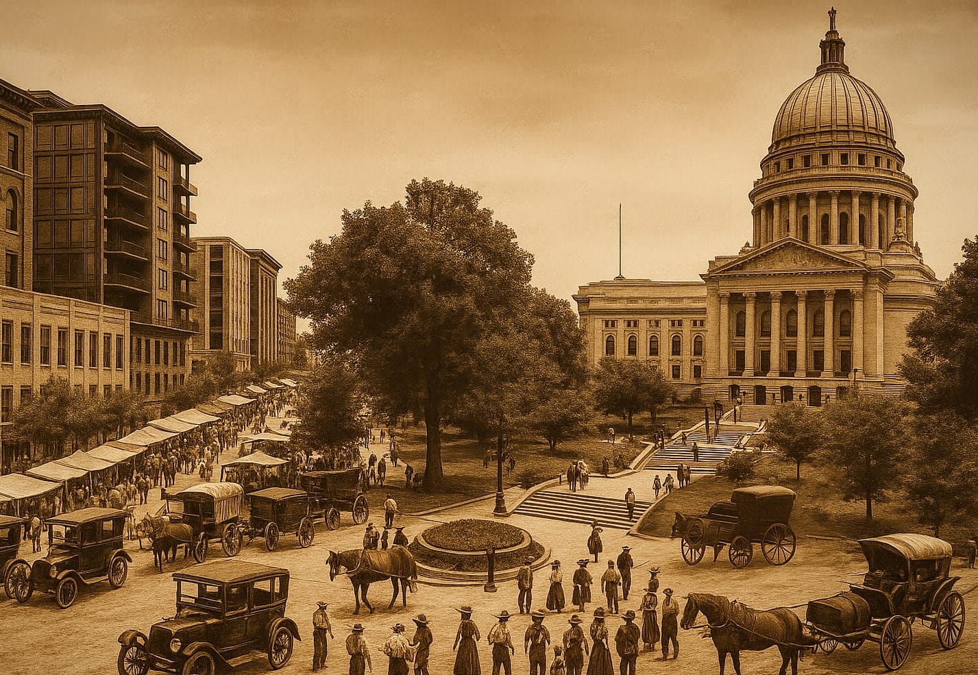 Image of Wisconsin’s state Capitol building in Madison modify to appear antiquated with Model-T automobiles and horse-drawn carriages