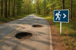 Generated image of a road with potholes winding through a wooded area with a sign indicating a hiking trail