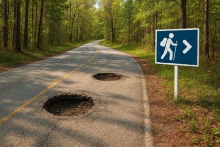 Generated image of a road with potholes winding through a wooded area with a sign indicating a hiking trail