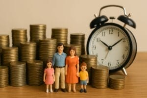 Generated image of a figurine family surrounded by piles of coins and an alarm clock
