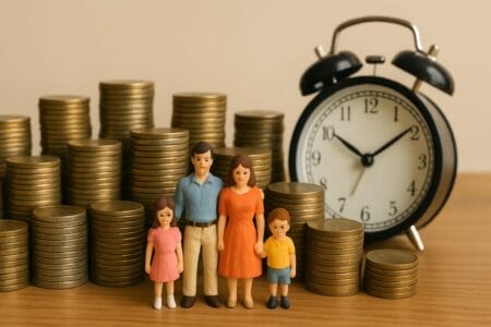 Generated image of a figurine family surrounded by piles of coins and an alarm clock