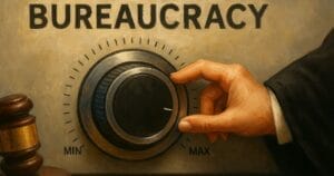 Generated image styled as a painting of robed judge's arm turning a dial labeled "Bureaucracy" towards its maximum setting.