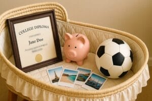 Generated image of a bassinet filled with a college diploma, piggy bank, soccer ball, and travel photos