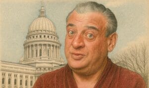 Generated sketch-style image of Rodney Dangerfield imposed over a visual of the state Capitol in Madison, WI