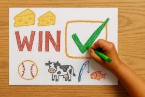 Generated image of a child's hand holding a crayon and coloring on a piece of paper with the word "Win," a checkmark, and other items associated with Wisconsin culture.