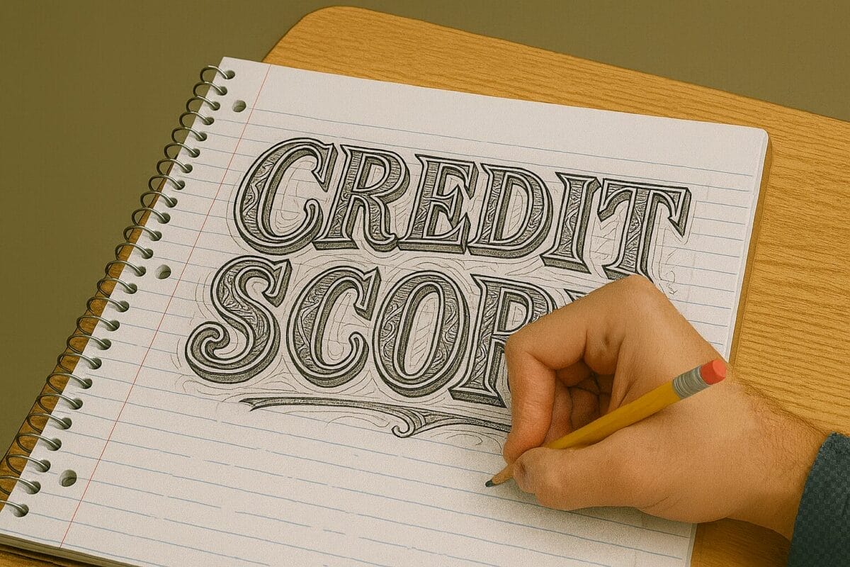 Generated image of a high school student's hand using a pencil to sketch a design of the words "Credit Score" in a wide-ruled notebook