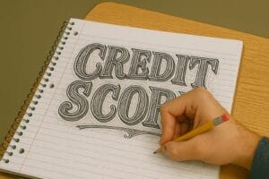 Generated image of a high school student's hand using a pencil to sketch a design of the words "Credit Score" in a wide-ruled notebook