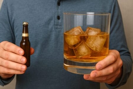 Generated image of an adult male holding an undersized beer bottle in one hand and an oversized whiskey glass in the other