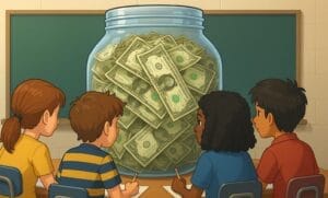 Generated image of four students seated around a large jar of money calculating the dollar amount contained within