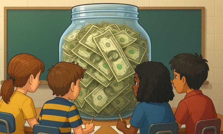 Generated image of four students seated around a large jar of money calculating the dollar amount contained within