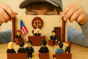 Generated image of a male youth building a courtroom scene out of Lego blocks
