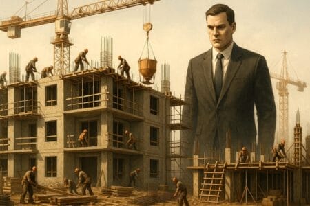 Generated image of a towering man in suit meticulously looking over a construction site and its workers