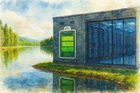 Generated image of a data center, near a lake, with a batter meter imposed on the side, styled as a watercolor painting
