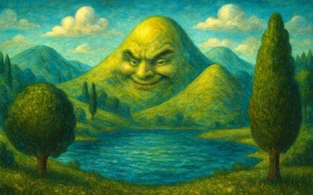 Generated image of a nature scene with trees, a lake, and rolling hills with an imposed face grinning mischievously on the largest hill