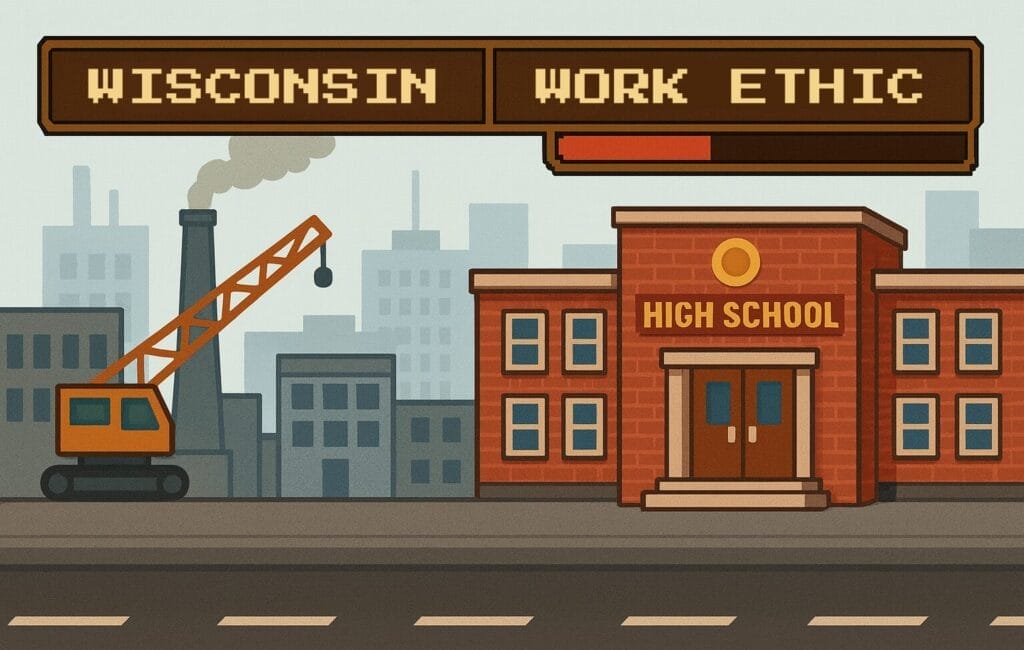 Generated image in a video game style of a high school in a city setting and a power bar labeled "Work Ethic" diminished and in the red