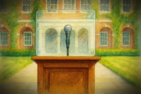 Generated image of a podium and microphone on a college campus being protected by bullet-proof glass